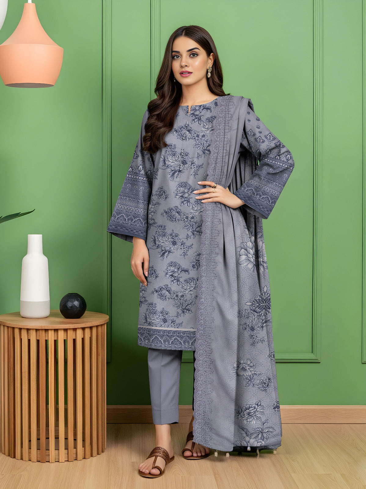 Digital Print Karandi Suit with Cutwork Dupatta